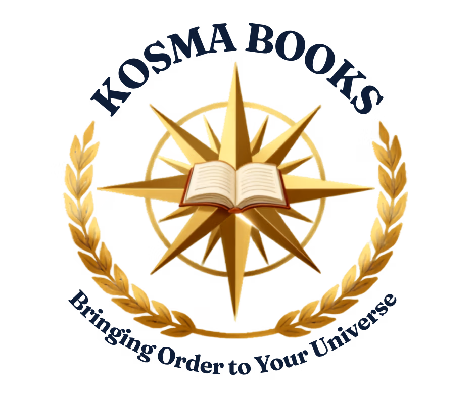 Kosma Books logo featuring an open book, gold compass rose, and laurel wreath with the tagline Bringing Order to Your Universe